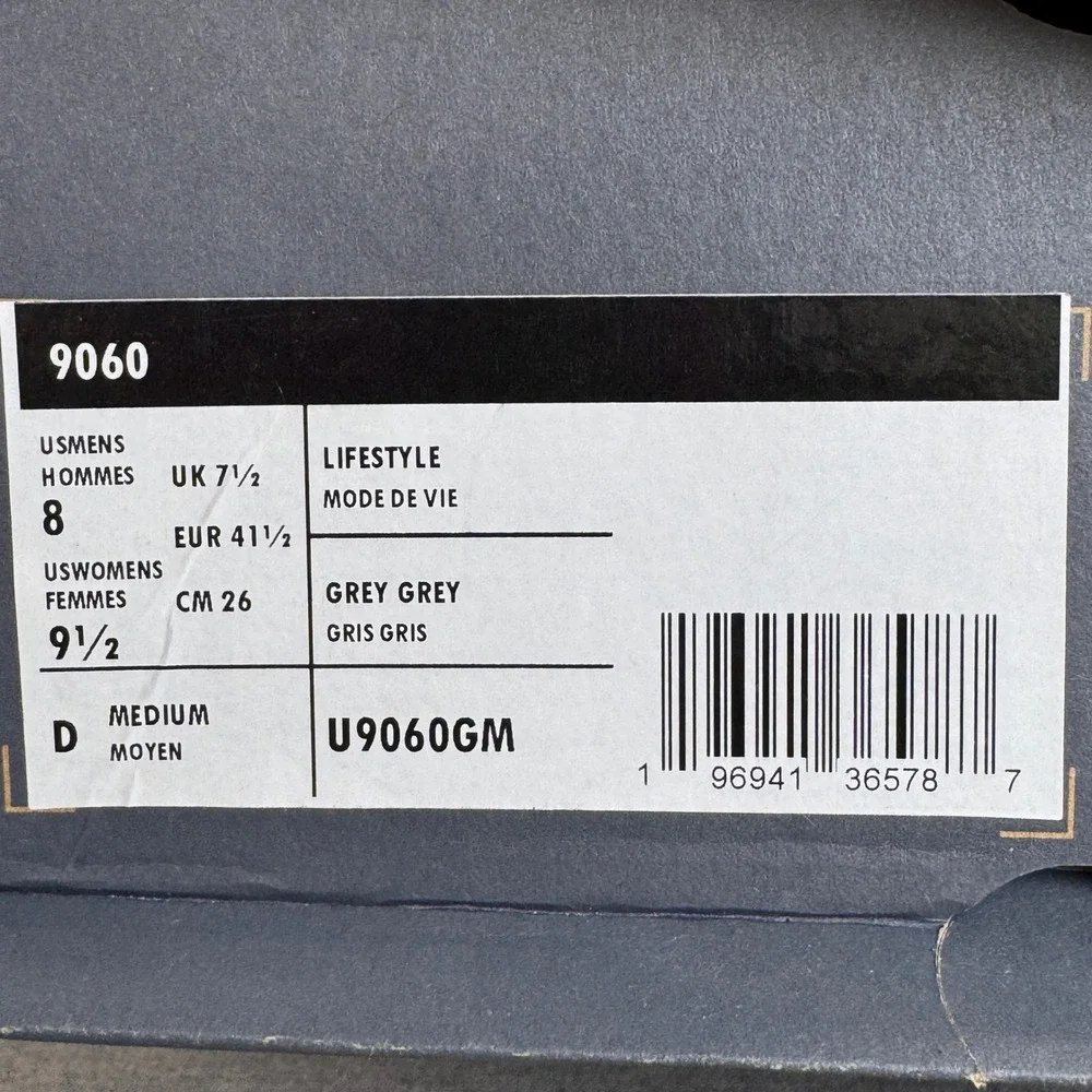 New Balance 9060 Grey Grey Pink Lifestyle Sneakers U9060GM Mens 8 Womens 9.5